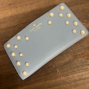 Kate Spade wallet, light blue with pearl embellishment